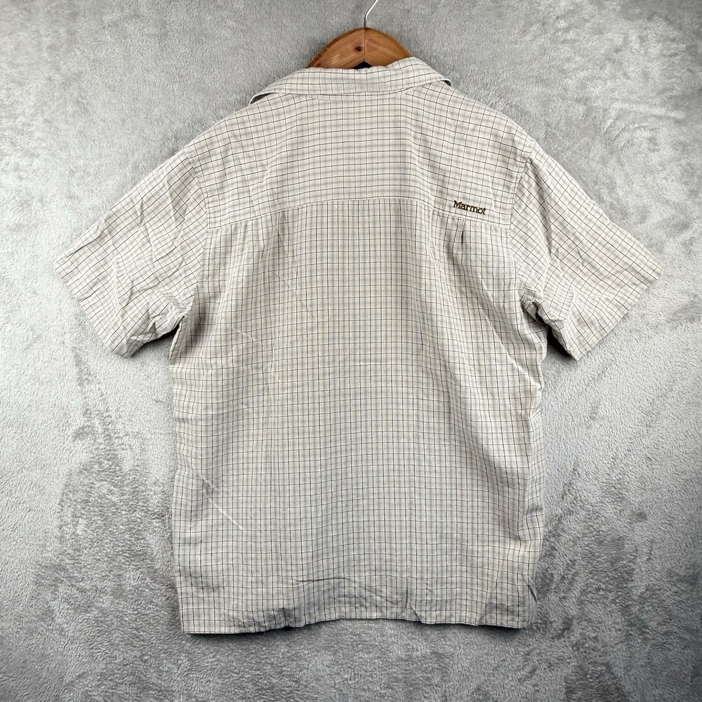 Marmot Button Up Shirt Mens XL White Brown Plaid S/S Outdoor Gorp Grunge FLAW - Picture 2 of 10